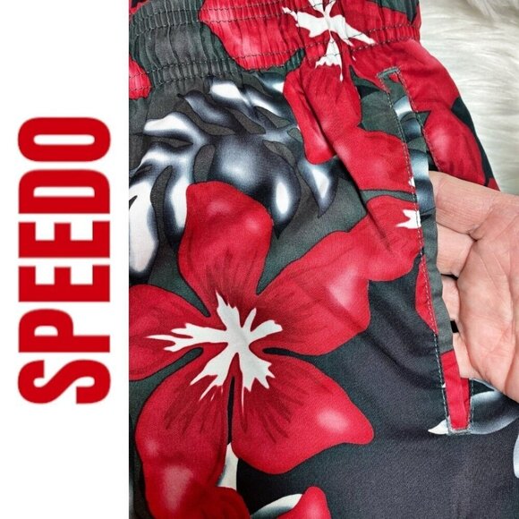 SPEEDO Men's Board Shorts Swim Trunks Black Red Hawaiian Floral, Size M - Picture 5 of 9